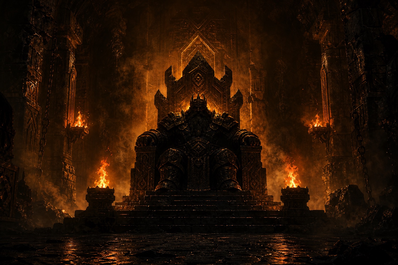 Cinematic concept art of a Dwarf King boss on a throne in a torchlit underground chamber